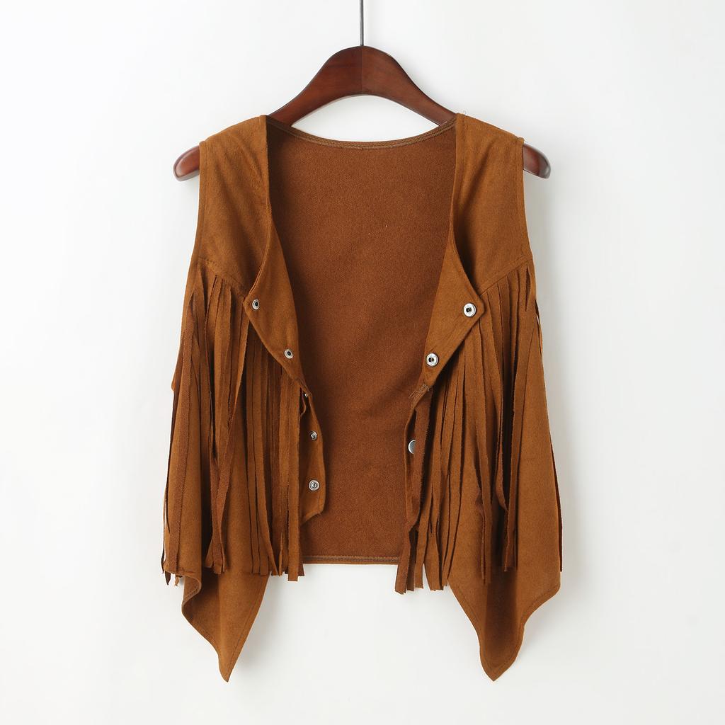 Dames Vest Kort Casual met Franjes en Knopen: Effen kleur, Slim fit, Kraag met halve knoopsluiting