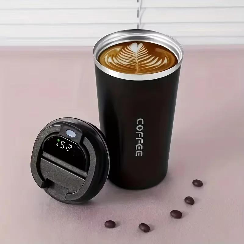 

stainless steel insulated coffee tumbler with smart temperature display, portable vacuum travel mug for hot and cold drinks 380ml