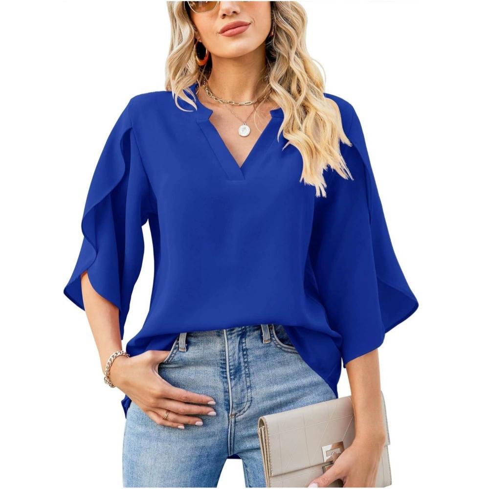 Women Summer Style Chiffon Blouses Shirts Lady Casual Short Flare Sleeve V-Neck Loose Blouse Tops