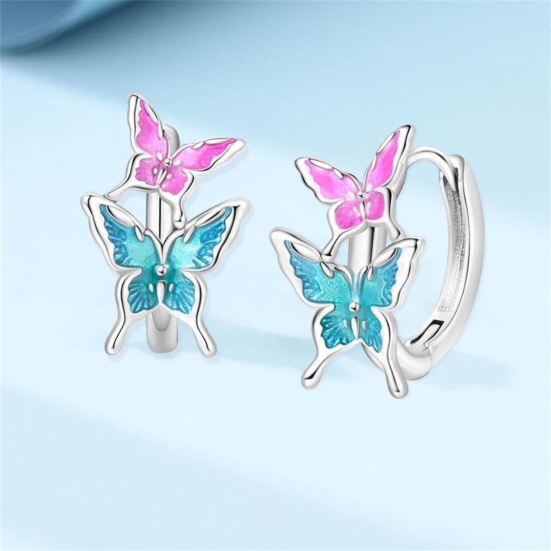 New 925 Silver Colorful Butterfly Dragonfly Iris Flower Earrings For Women Fashion Birthday Party Jewelry Gifts