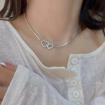 Sweet and Fresh Full Diamond Love Necklace Korean Temperament Simple Collarbone Chain