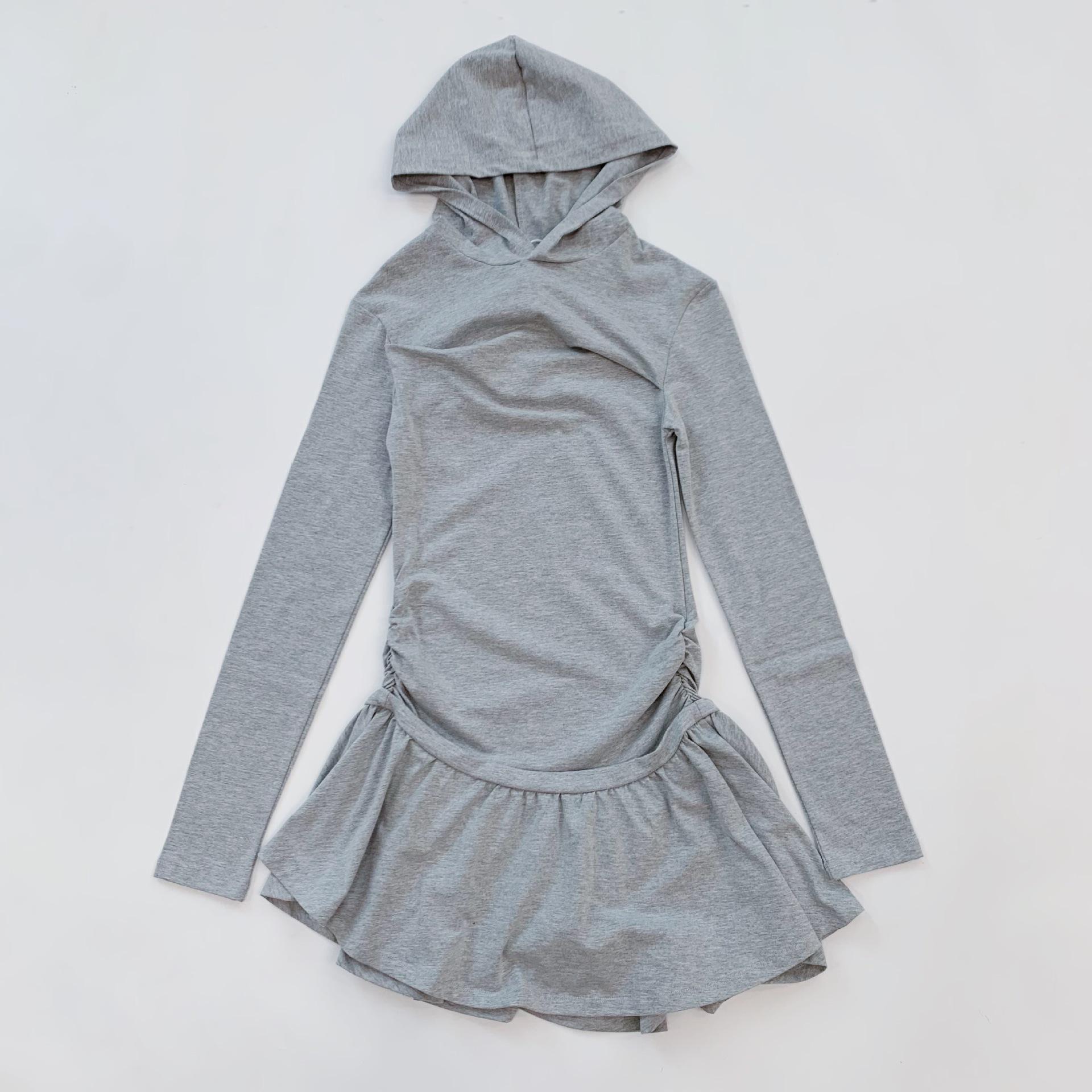 Korean Solid Color Hooded Pleated Long Sleeve Dress S