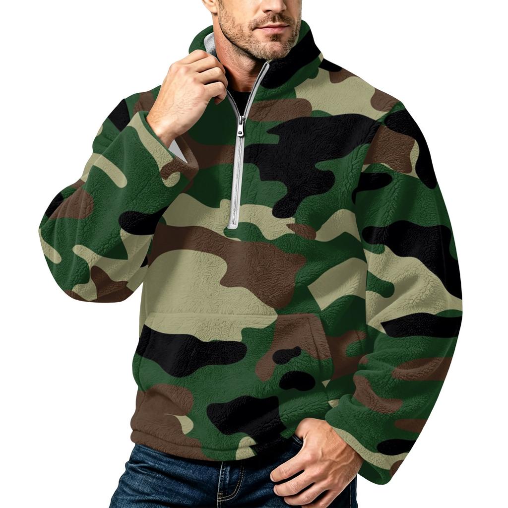 Men's Camouflage Print Flannel Zip-Up Sweatshirt, Stand Collar Plus Size Fall Winter Casual