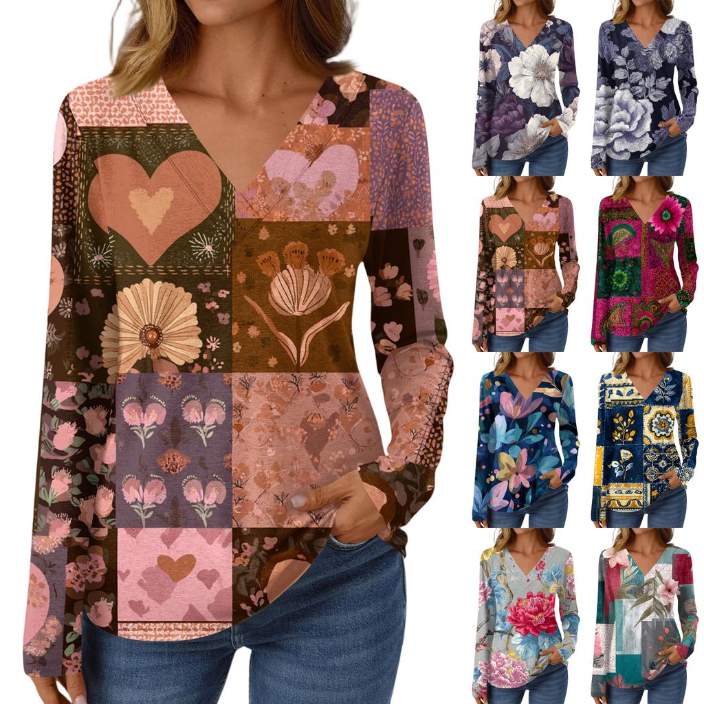 Women's Casual Fashion Brushed Retro Floral Print Long Sleeve V-Neck Top T-Shirt
