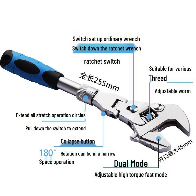 10-Inch Extendable 5-in-1 Multifunctional Ratchet Wrench for Plumbing and Air Conditioning