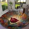 1pc Elegant Crimson Tulip Carpet for Room Floor Mat, Comfortable Office Chair Printed Round Rug, Beautiful Hotel Rug