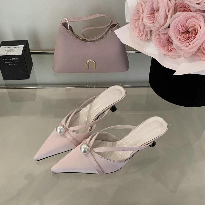 Fashion French Pointed Baotou Half Slippers Female 2025 Spring New Wear Temperament Pearl Thin Heel Soft Soled Moqin Shoes