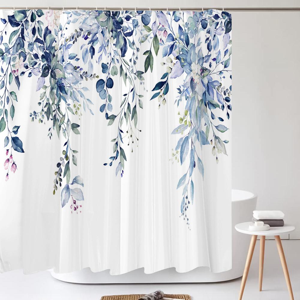 

Minimalist Art Polyester Fabric Watercolor Leaves Plant With Floral Bathroom Decoration Shower Curtain 180*180Cm With Hooks W60H190(CM)-1 Pcs