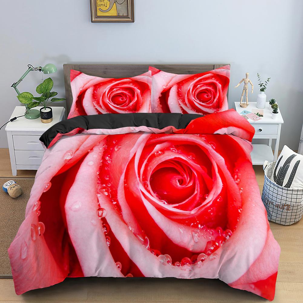 Valentine'S Day Wedding Bedding Set 2/3 Pcs Luxurious Rose Love Heart Duvet Cover King 3D Red Rose Print Quilt Cover