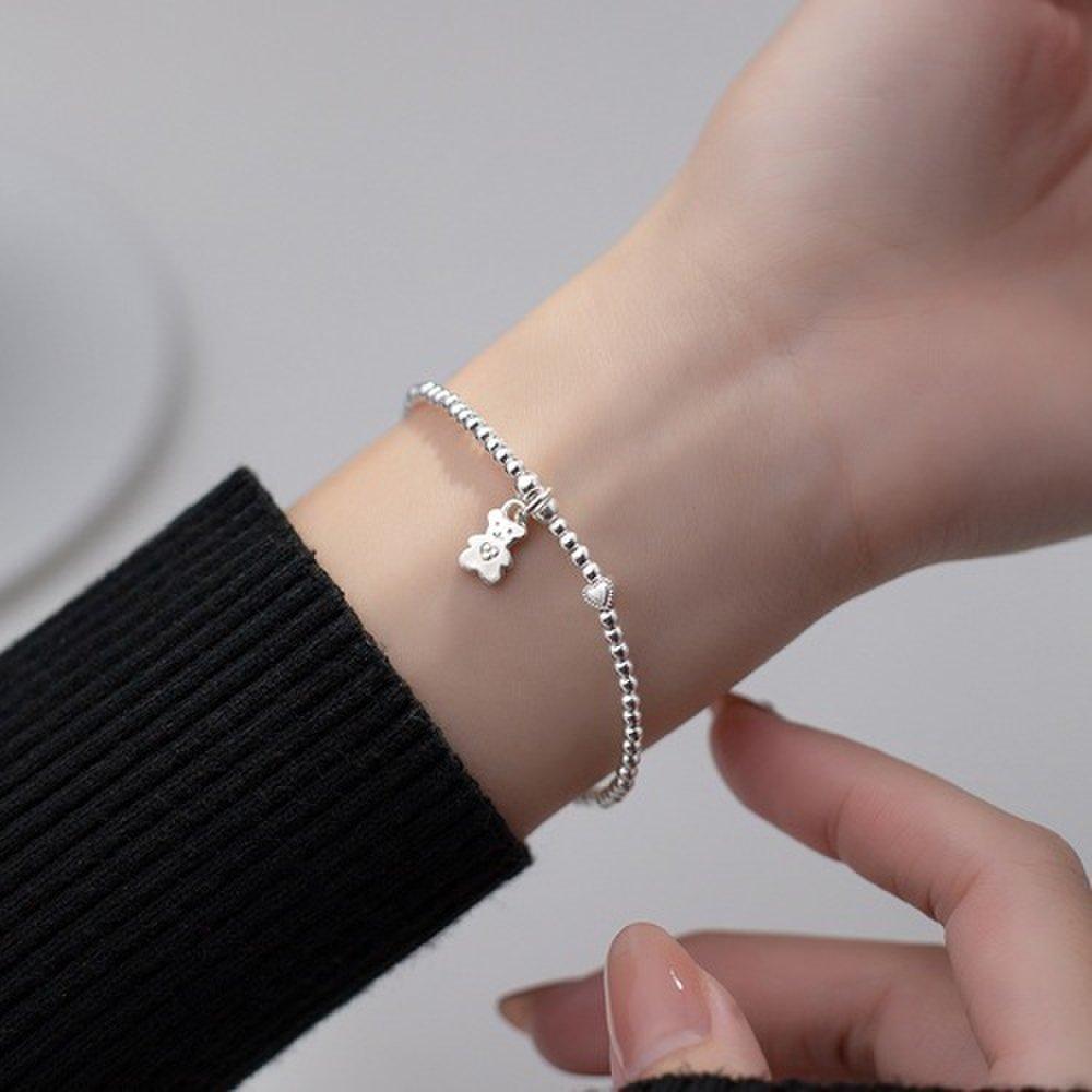 Silver 925 Teddy Bear Pendant Bear Mini Heart Silver Ball Banding Silver Bracelet