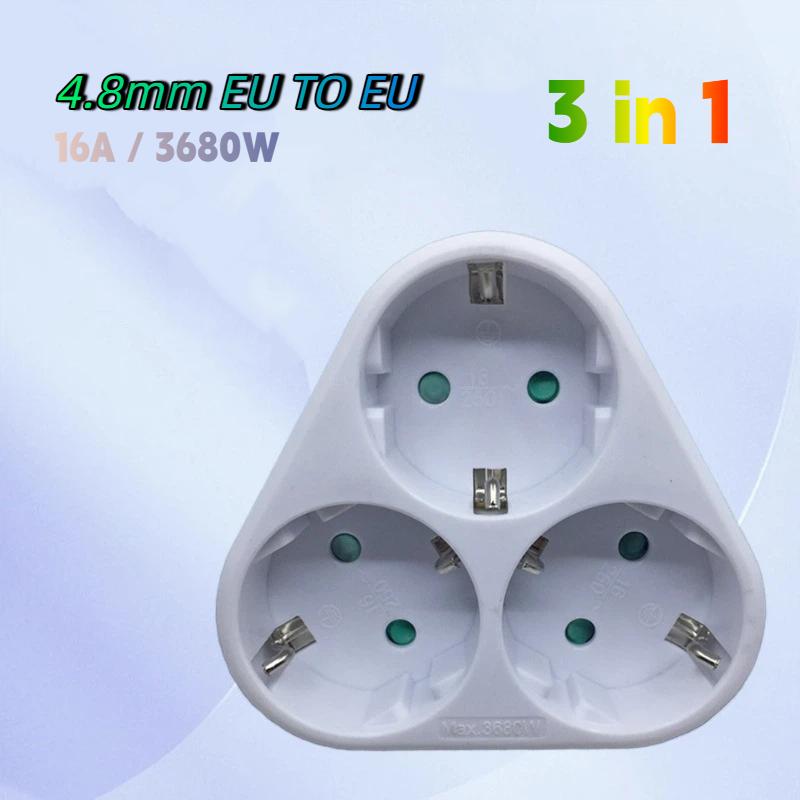 16A European Standard 3-in-1 Plug Adapter, German Type F Cordless Wall Outlet Expander with 4.8mm Pins