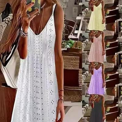Women's Summer Hollow Suspender V-neck Solid Color Knee-length Dress