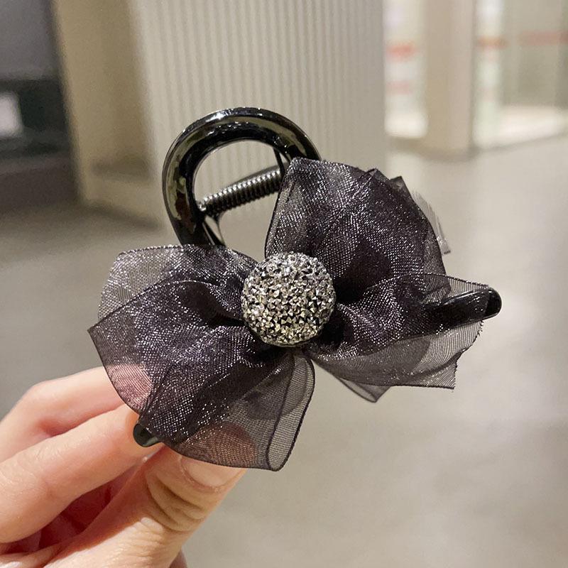 

Елегантна атласна чорна шпилька-бант для волосся зі стразами - жіночий аксесуар-краб