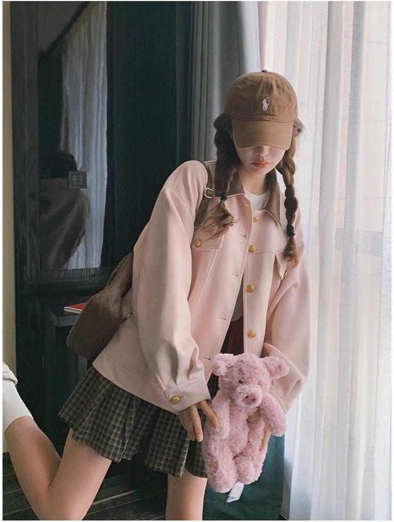 Women's Pink Korean-Style Suede Jacket - Fashionable Spring/Autumn Workwear Design