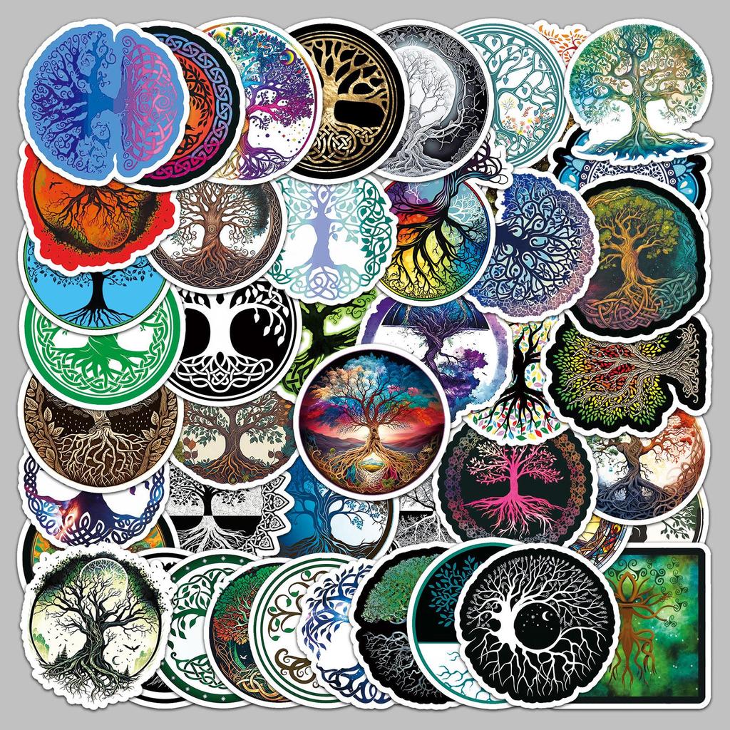 50 Life Tree Journal Stickers: Artistic Totem Patterns for Retro Phone Cases, Water Bottles, and Computers – Waterproof Decoration