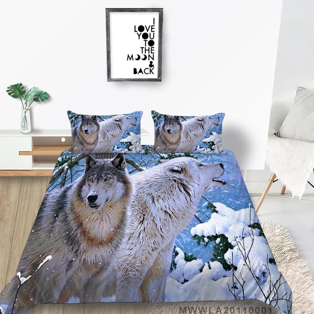 3D Wolf Print Pillowcase and Quilt Cover Full Size Bedroom Home Bedding Set Fashion Home Bedding Gift