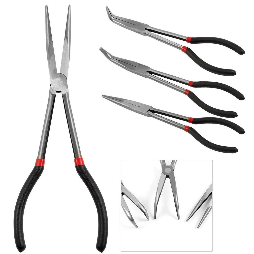 3Pcs Needle Nose Pliers Set 11 Inch Carbon Steel Long Reach Pliers Non-slip Straight Bent Nose Pliers O-Shaped Circle Pliers