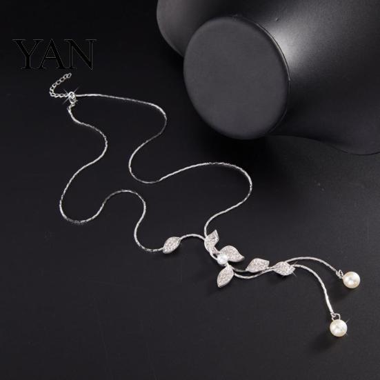 Exquisite Necklace Faux Pearl Tassel Leaves Pendant Accessories Sweater Chain Jewelry Gift for Women