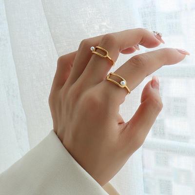 Korean-Style Gold-Plated Titanium Steel Geometric Ring with Imitation Pearl