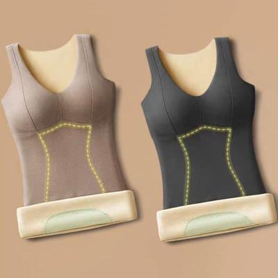 Winter Women Thermal Vest with Chest Pads Seamless Velvet Fast Temperature Lock Heating V Neck Slim Fit Elastic Sleeveless Inner Wear