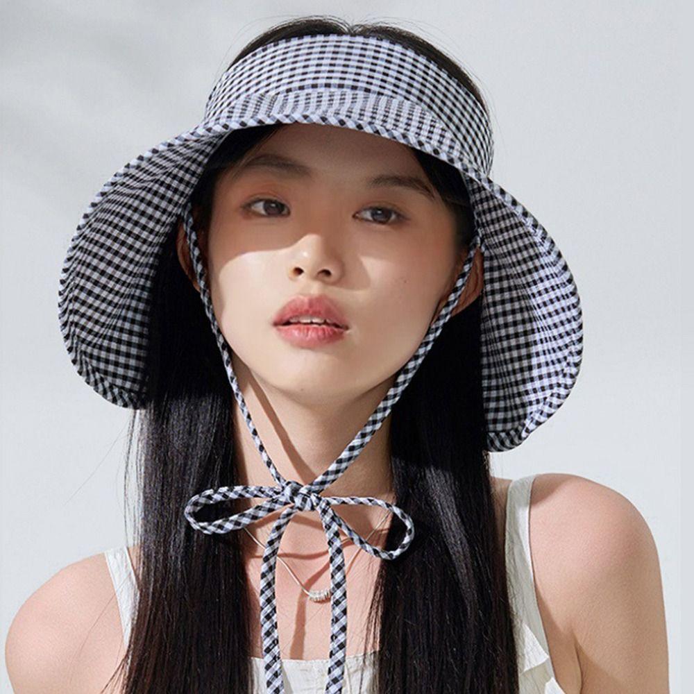 Foldable Sun Protection Hats Plaid Print Wide Brim Sunhat Fashion Summer Fisherman Cap  Fishing