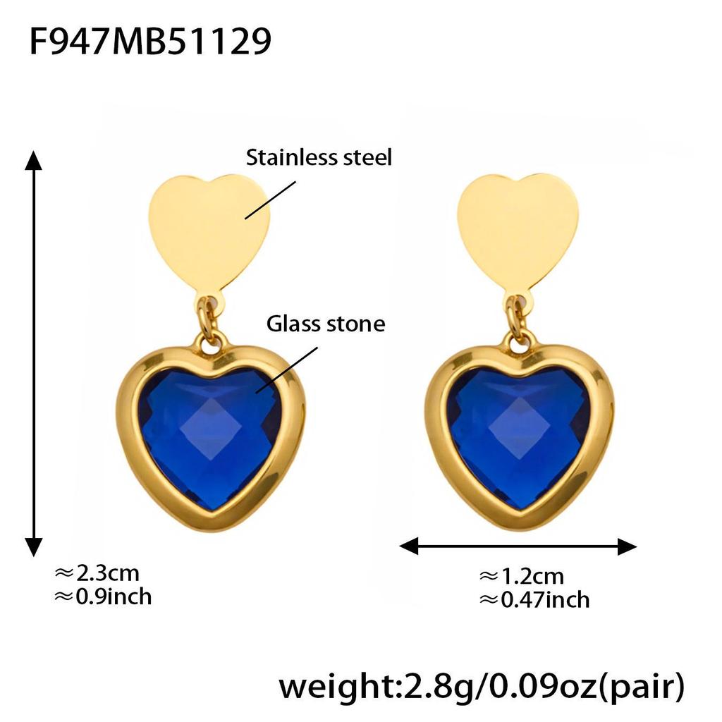 Colorful Heart Glass Stone Tassel Earrings & 18K Gold Plated Stainless Steel Necklace