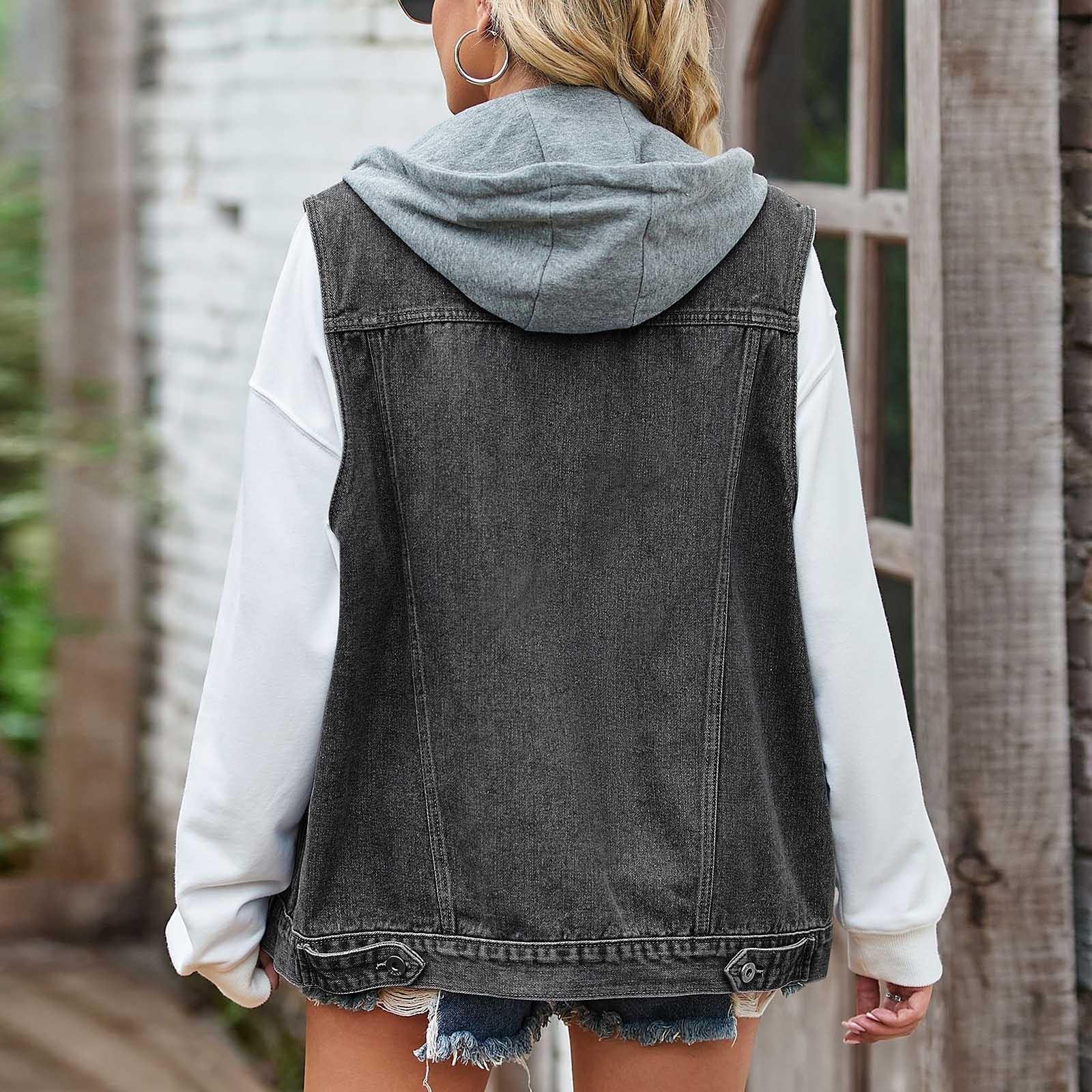 Женская повседневная свободная винтажная джинсовая жилетка с капюшоном XL синий — фото 4