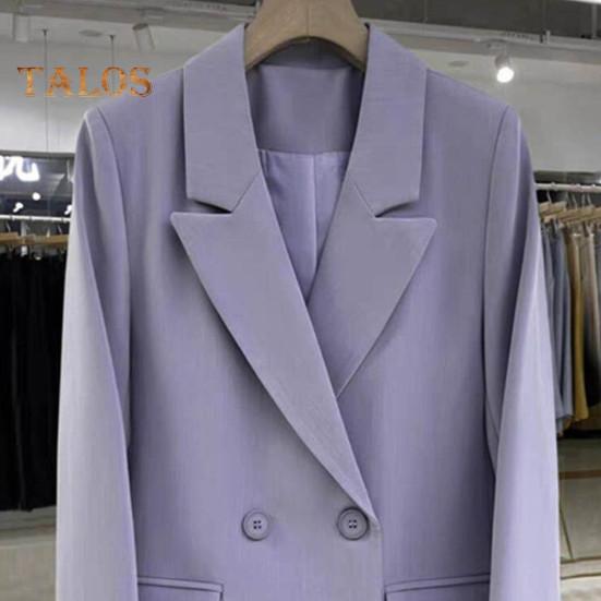 Women Suit Coat Lapel Long Sleeve Double-Breasted Suit Jacket with Flap Pockets Solid Color Loose Fit Casual Business Outwear