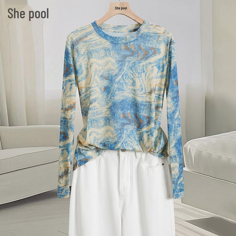 Women s Round Neck Mesh Print Long Sleeve T-Shirt One Size