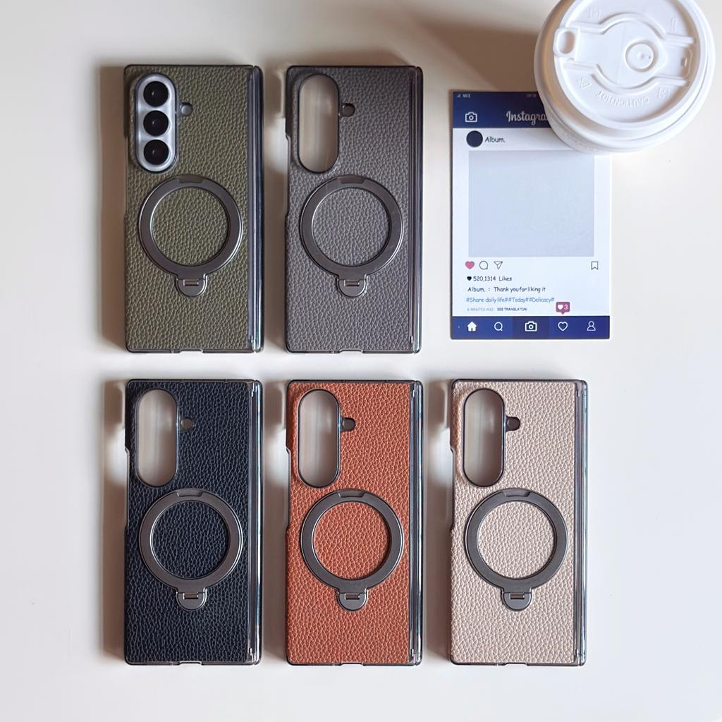 360 Rotating Kickstand Magnetic Lychee Grain Leather Phone Case for Samsung Z Fold 7 6 5 4 Comfortable Grip Shockproof Cover