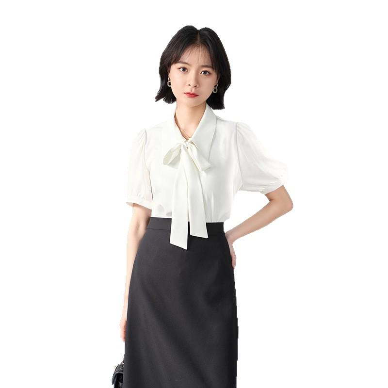 White Bow Short-Sleeve Women's Chiffon Top - Perfect for Professional Summer Wear and Interviews