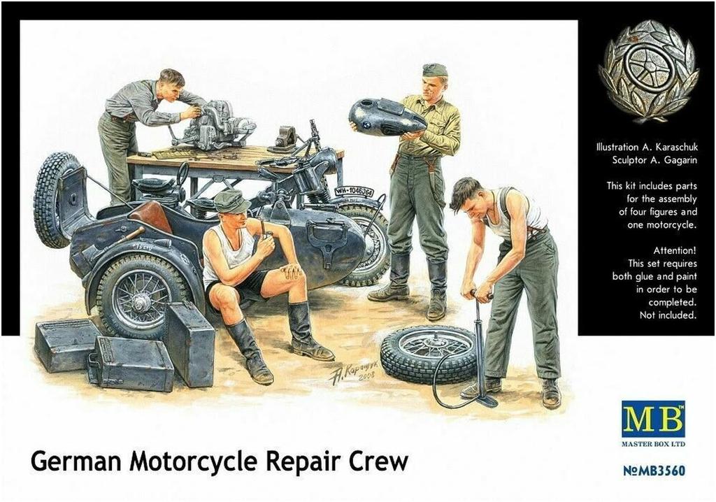 Master Box German Motorcycle Maintenance Scene with Sidecar and Set of 4 Plastic Models MB35060 1/35 Accessories,