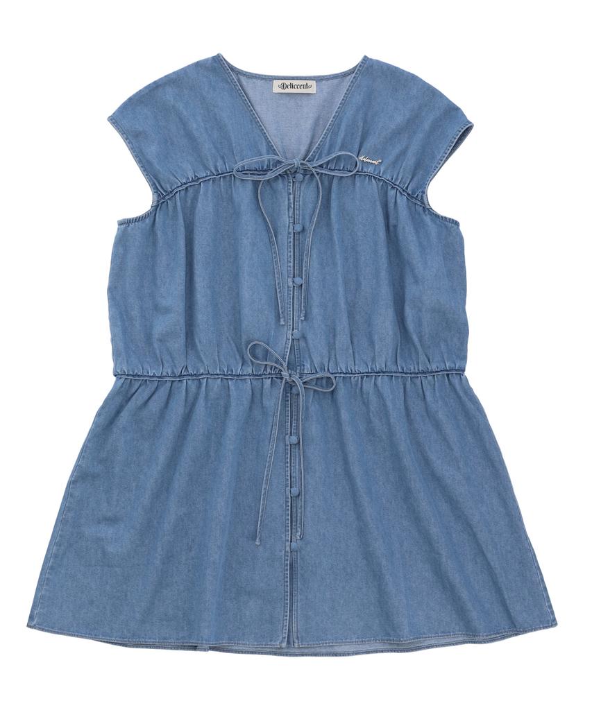 Deliscent Denim Shirred Ribbon Dress [Blue]