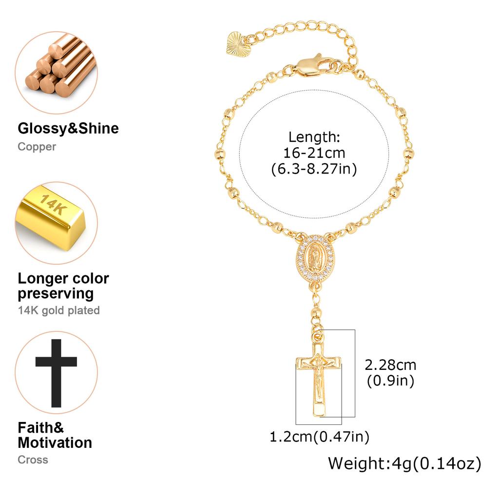Tri-color Beads Rosary Virgin Mary Jesus Cross Charm Bracelet for Women, Metal Beaded Chain Religious Pray Jewelry