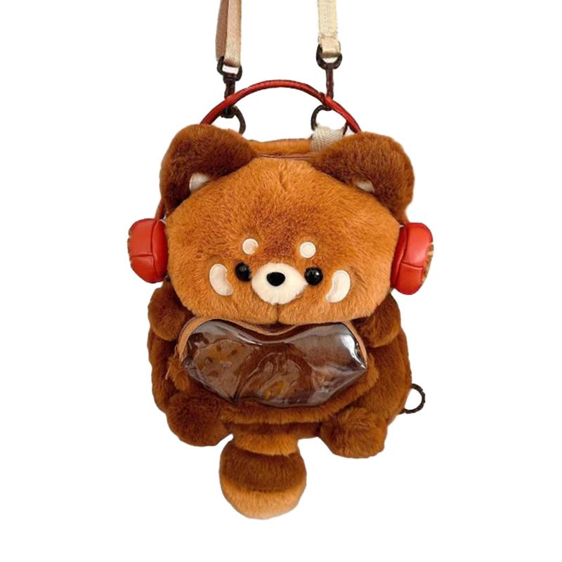 

Cute Plush Red Panda Backpack Large Capacity Soft Fashion Shoulder Bag Kawaii Fluffy Wear Headphones Animal Bag Woman Girl Gift