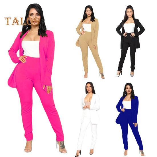 2 ks/sada Dámský formální kabát a kalhoty Dlouhý rukáv Slim střih Klopový kardigan Středně dlouhá bunda Kalhoty s vysokým pasem Formální obchodní Cestovní outfit