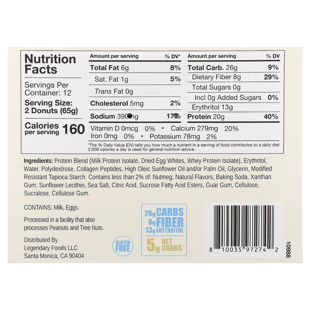Legendary Foods Protein Donuts, Vanilla Glazed, 12 Pack, 65g (2.3oz) Each