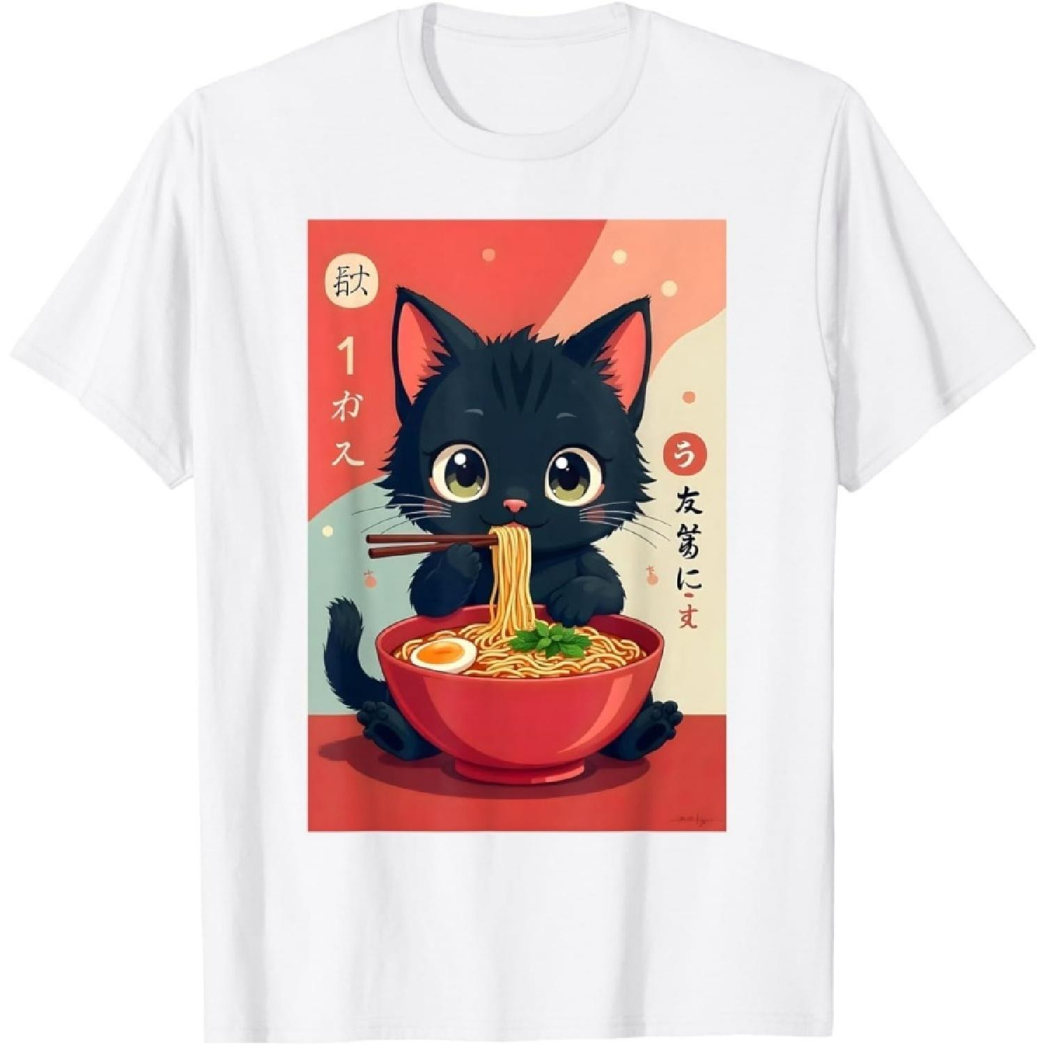 YUZBHOME Котёнок Ест Японскую Лапшу Аниме Манга Котёнок Рамен Футболка S