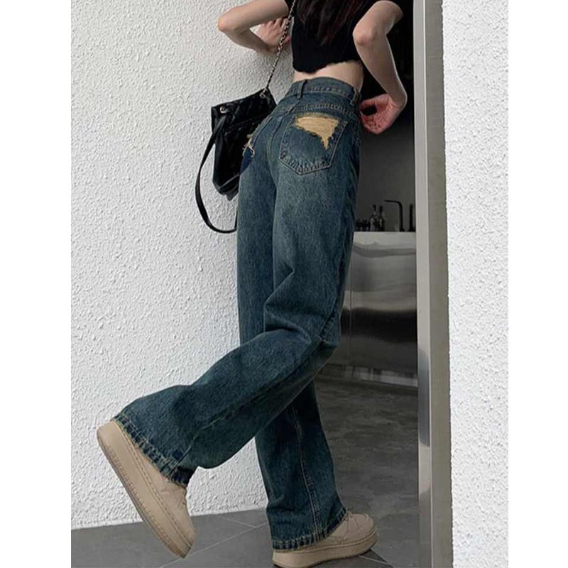 Spring and Autumn Women's  Wide Leg Jeans High Waisted Contrasting Straight Leg Pant Lady Loose Pants Streetwear