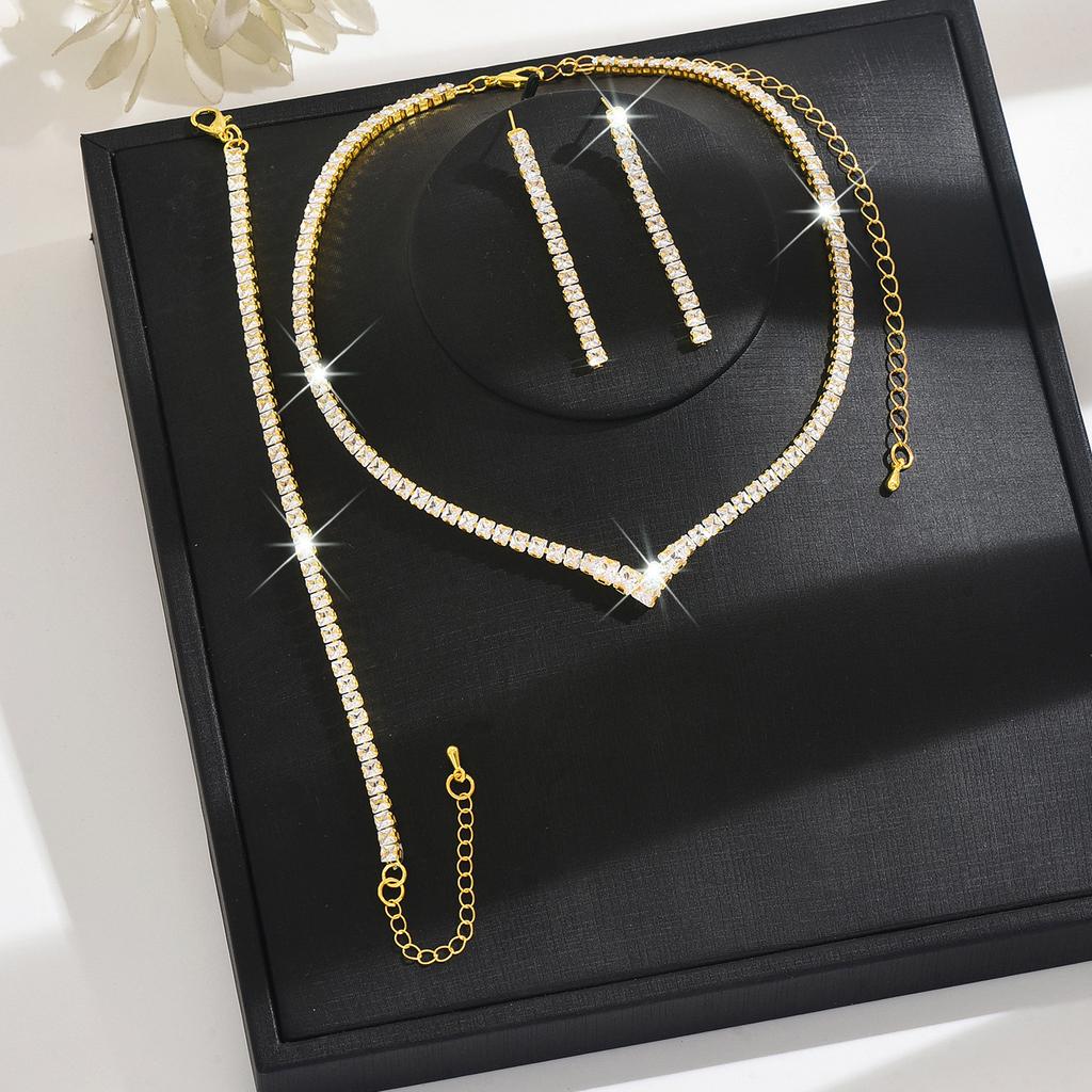 Fashion Versatile V Shaped Jewelry Sets Shiny Rhinestone Tassel Earrings Tennis Bracelet Collarbone Necklaces for Women Set