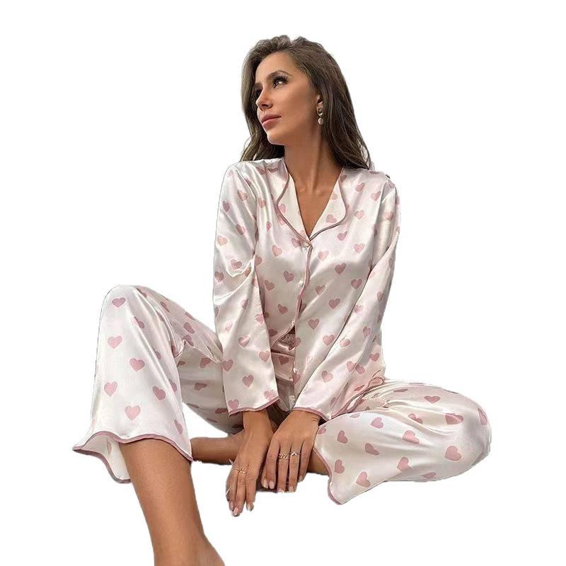 Heart Print Ice Silk Pajamas - Women's Long Sleeve Cardigan and Long Pants Set for Spring & Autumn.