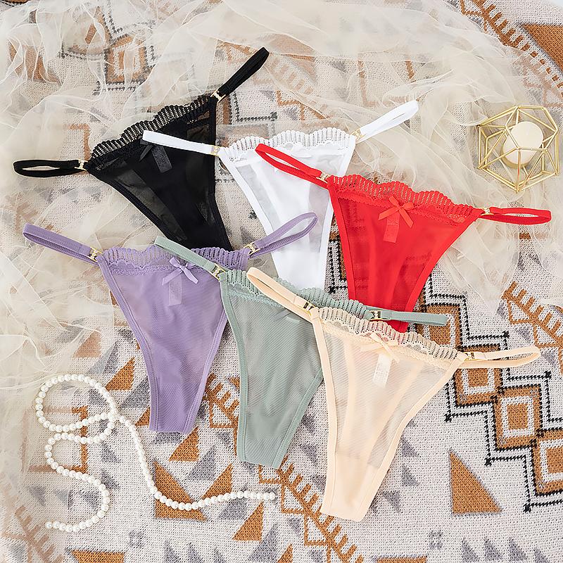 Womens Lace Thong Mesh Bow G-String Low Waist Thin Belt Panties Underwear T-back