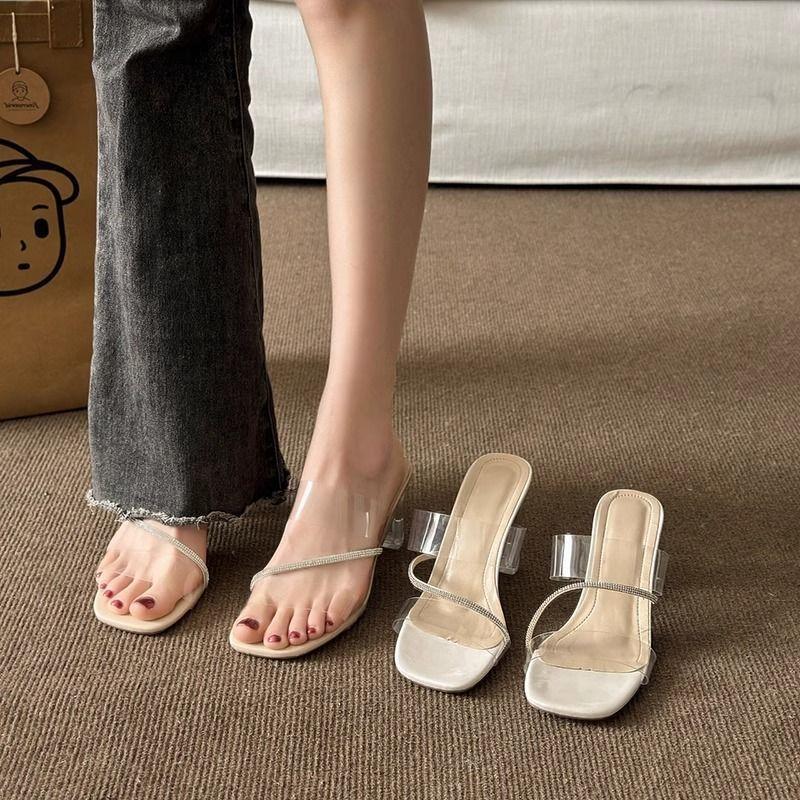 French cool slippers for women outside 24 summer popular diamond belt transparent square head showing legs long crystal thick heel