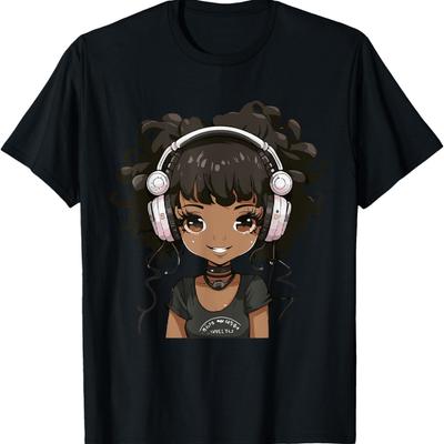 Anime and Music Black Girl Anime Merch Afro African American T-Shirt(7)