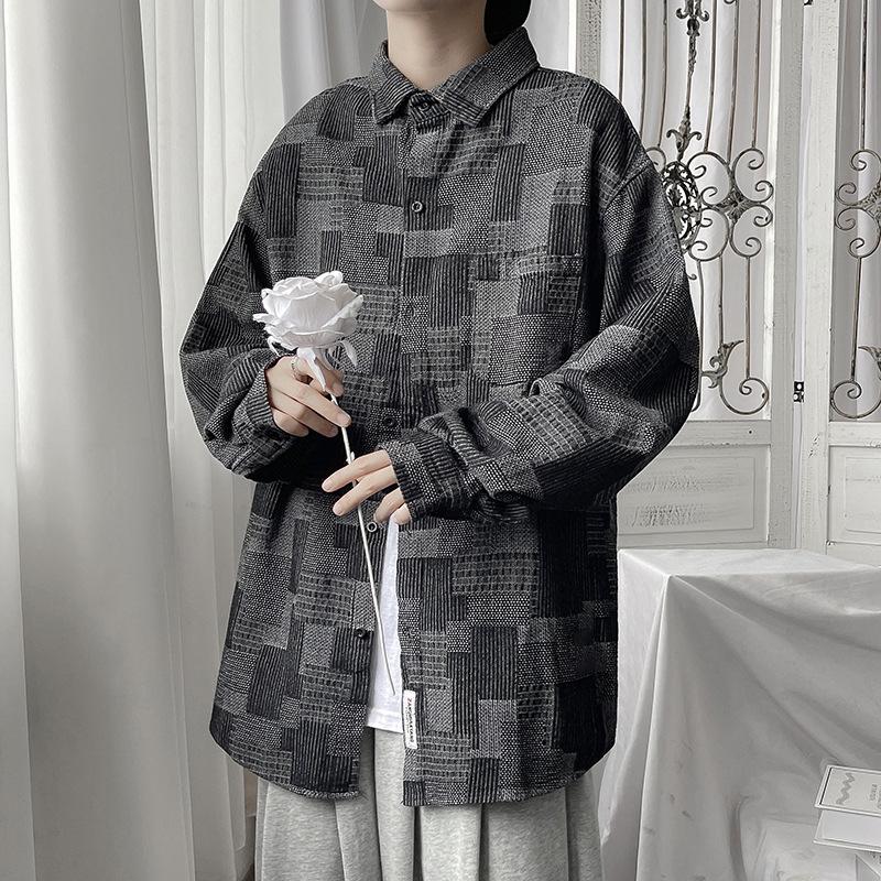 Denim Shirt with Geometric Pattern Oversized Long Sleeve Button Front Pocket Casual Top