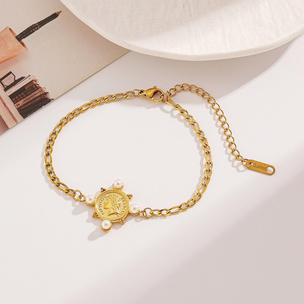 Ying Tai Retro Queen Head 18K Gold-Plated Stainless Steel Bracelet for Women