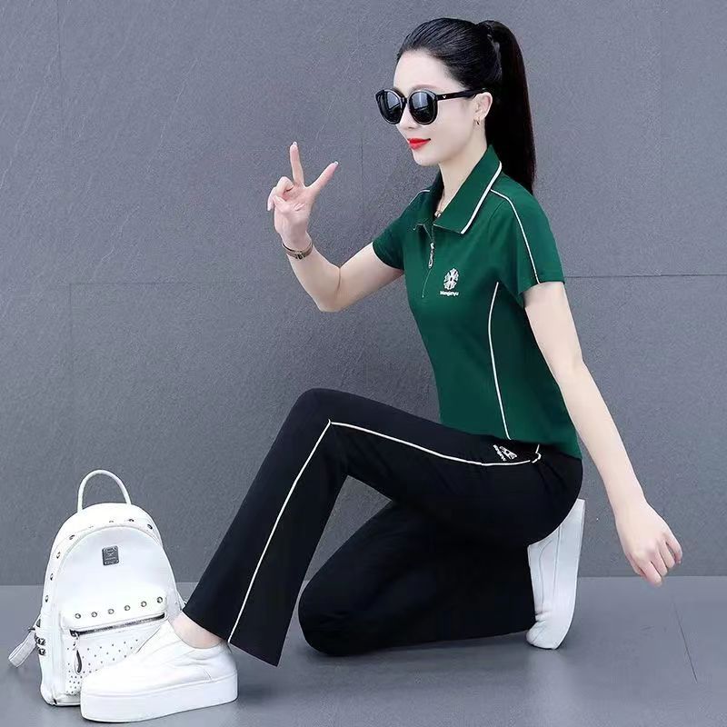 Fashion Sportswear Set for Women's Summer Stylish Short-sleeved Large-sized Casual Pants and Wide-leg Trousers Two-piece Set