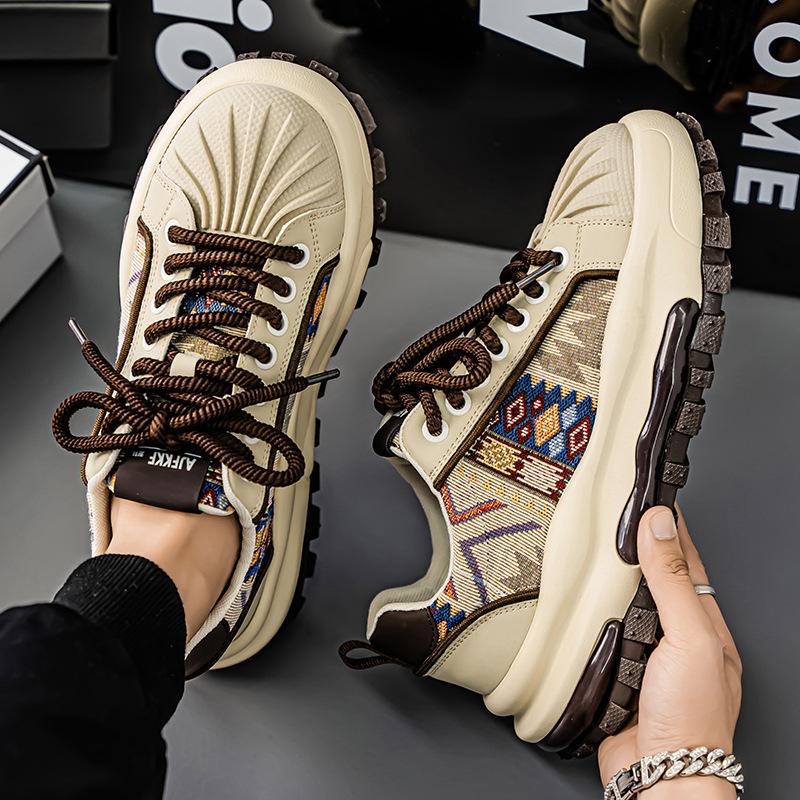 

2025 летние мужские туфли на платформе с ракушкой в гонконгском стиле muffin street tide с камуфляжным принтом в этническом стиле Харадзюку обувь для доски tide 39 бежевый