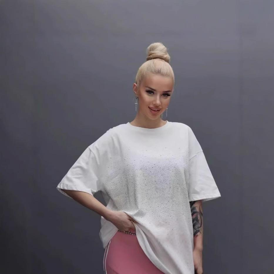 Summer 100% Cotton solid hot fix T-shirts Women Harajuku Oversized Short Sleeve black Y2k Tops Streetwear Casual T Shirt Female