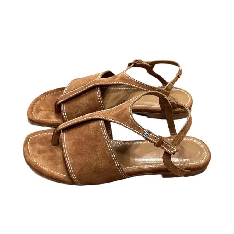 Fashion Faux Suede Clip Toe Flat Sandals Women 2025 Summer Ankle-Wrap Roman Flat Shoes Luxury Metal Buckle Strap Women Slippers